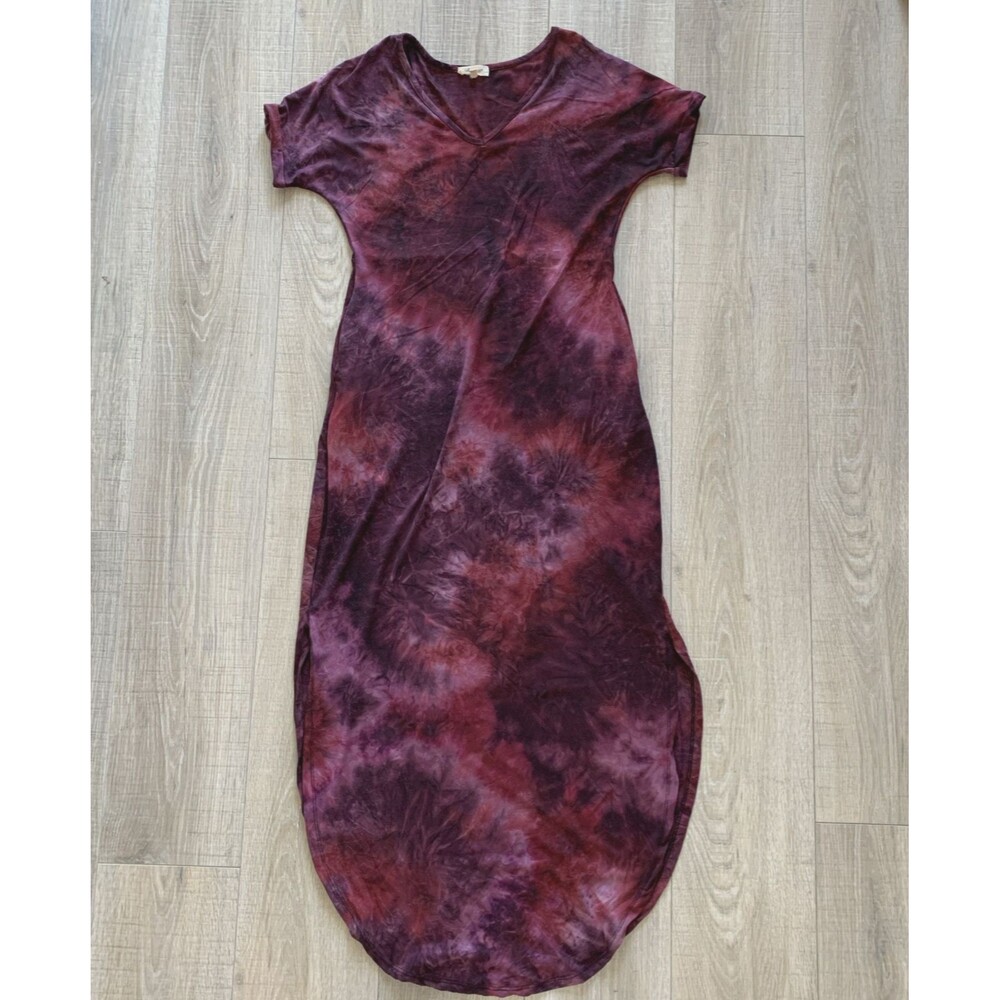 Urban Rose Maxi Long V Neck Short Sleeve Dress Tie Dye Burgundy Women Medium M